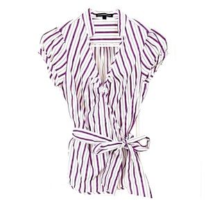white and purple striped top that ties on the side